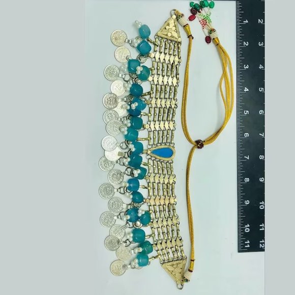 Turquoise Stone Coin Choker: Handmade Vintage Tribal Necklace - Picture 8 of 9